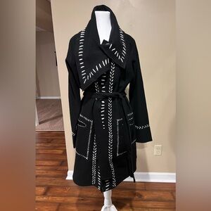 Anthropologie Guinevere Cardigan Sweater Coat Belted Black with White Accents Lg